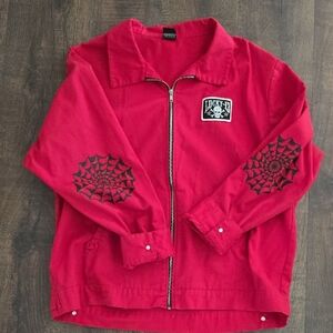 Lucky Brand Red Lightweight Jacket with Black Spider Web Design